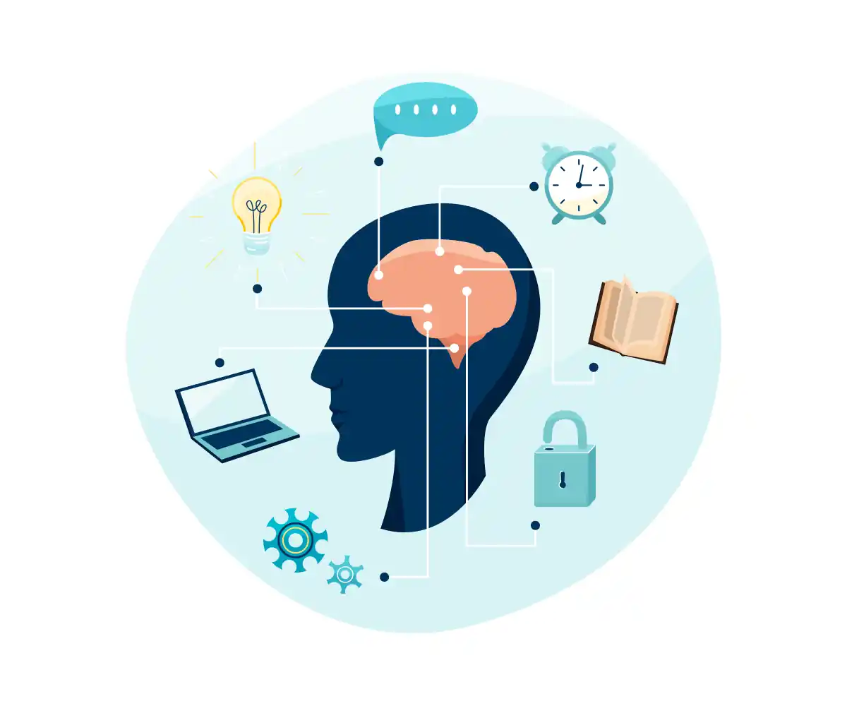 Illustration of a head in profile surrounded by a lightbulb, alarm clock, laptop, book, padlock, and speech bubble connected by lines.