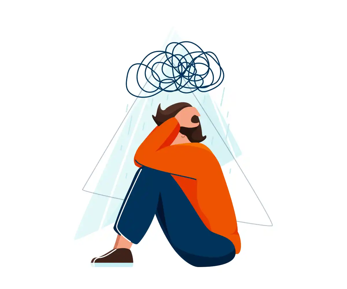 Illustration of a person sitting curled up with their head down beneath a scribbled tangle of dark lines and falling rain.