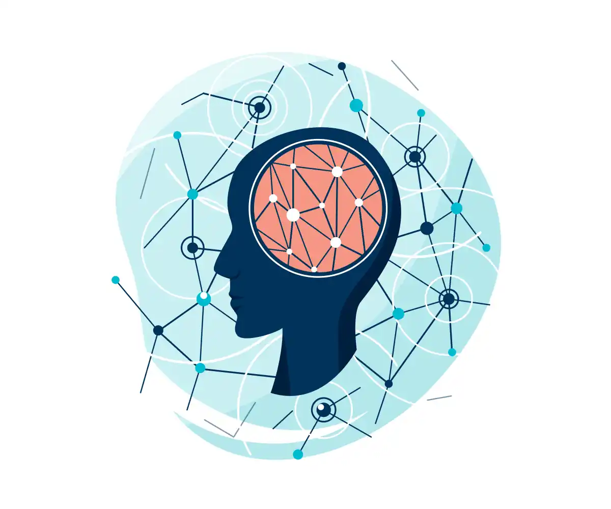 Illustration of a head in profile with a network of connected nodes filling the brain and radiating outward.