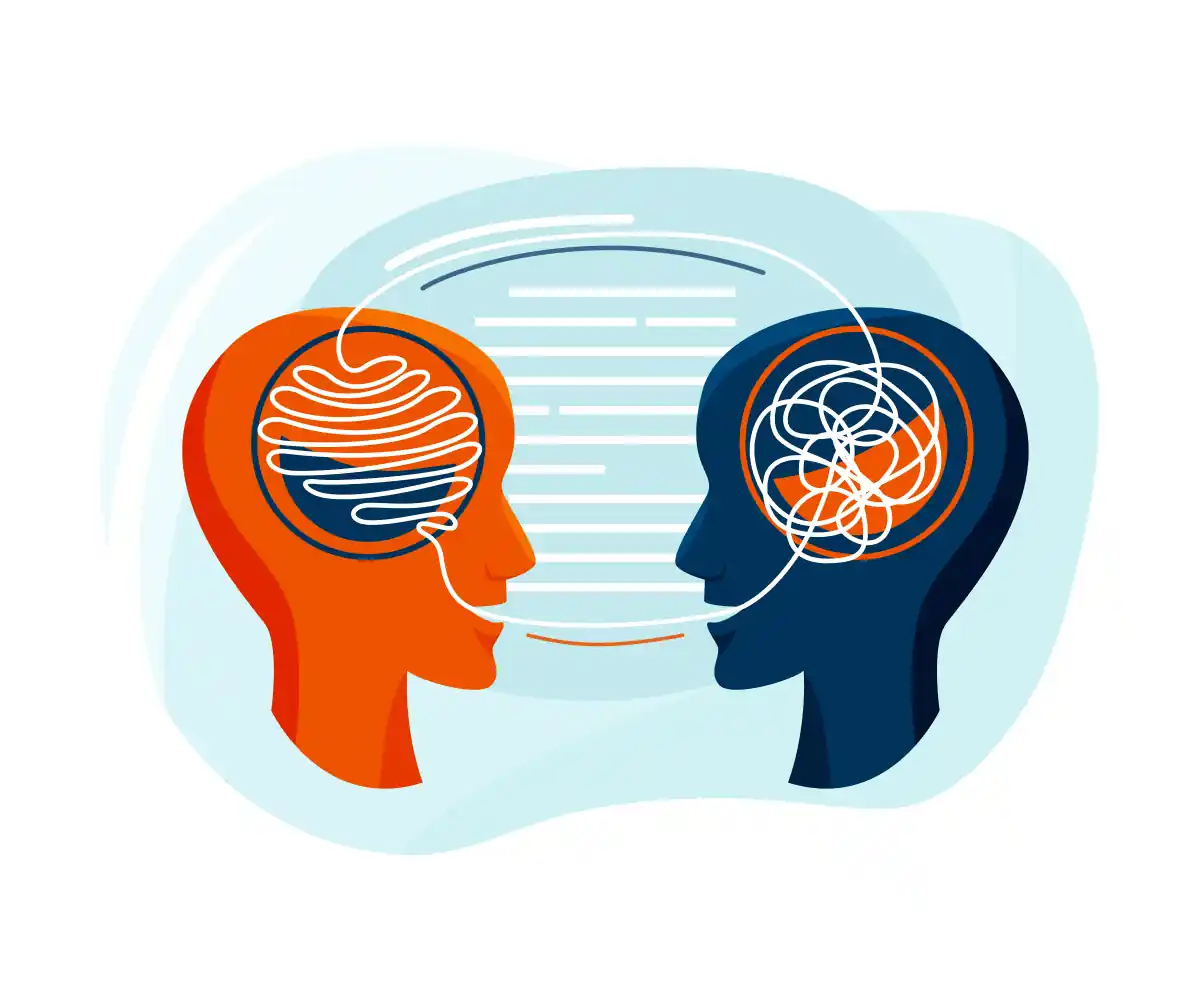 Illustration of two heads in profile facing each other, each holding a tangle of looping lines, with lines of text between them.