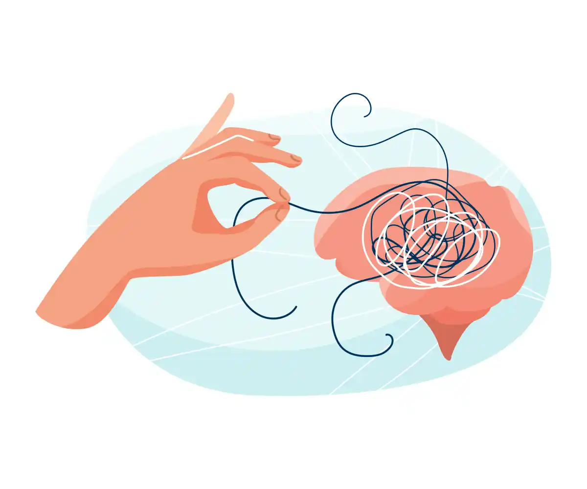 Illustration of a hand pulling a loose thread from a tangled knot of string inside a brain.