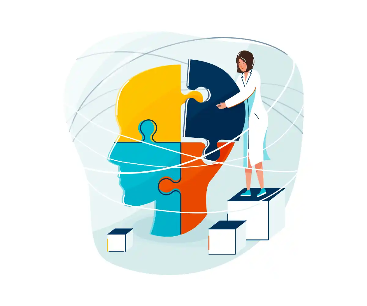 Illustration of a clinician in a white coat fitting the final coloured puzzle piece into a head-shaped jigsaw.